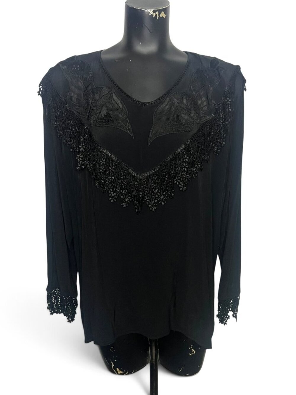 Vintage Chorisia Black Long Sleeve Blouse With Lace Floral Details Made In Italy